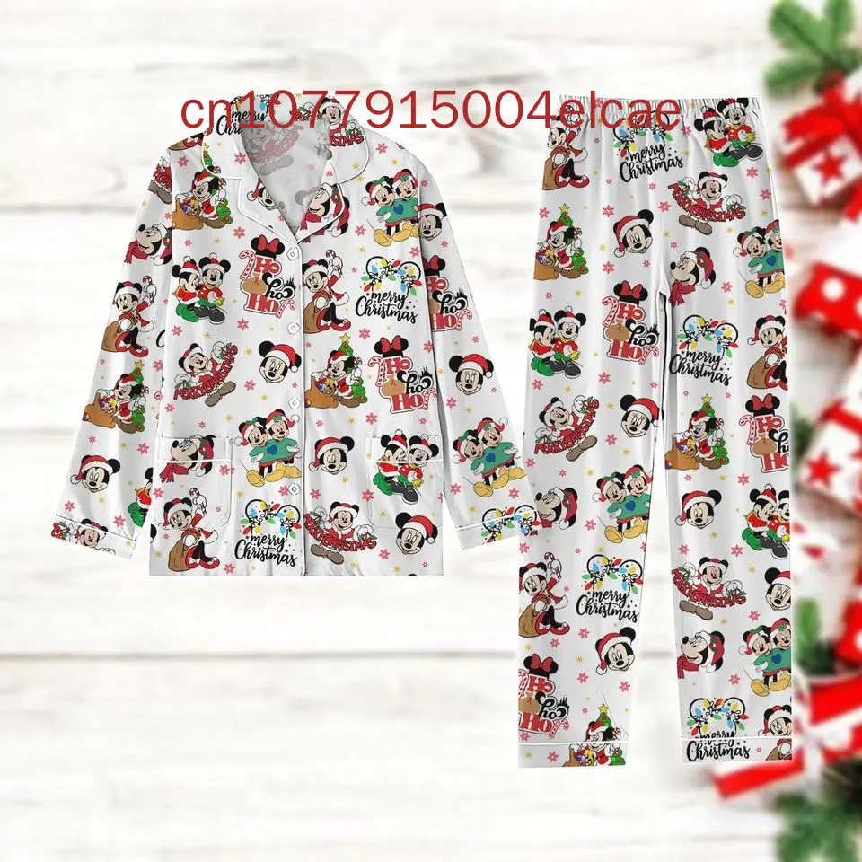 Spring and Summer New Mickey And Minnie Christmas Pajamas Set Disney Casual Men's and Women's Long Sleeve Shirt Pajama Set