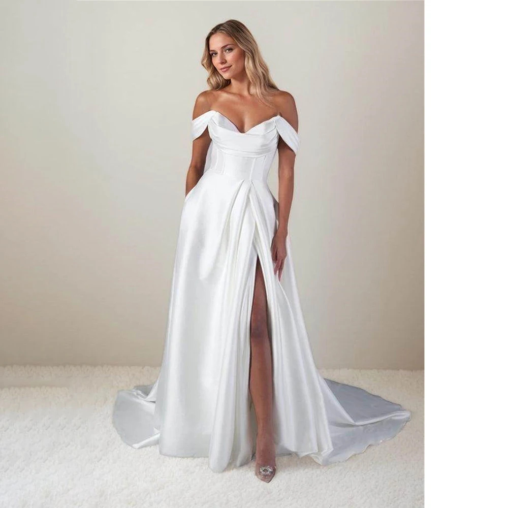 

Women's Formal Evening Gowns Elegant V-Neck Cap Sleeve A-Line Prom Dress Pleated Side High Split Evening Dresses Party Gowns