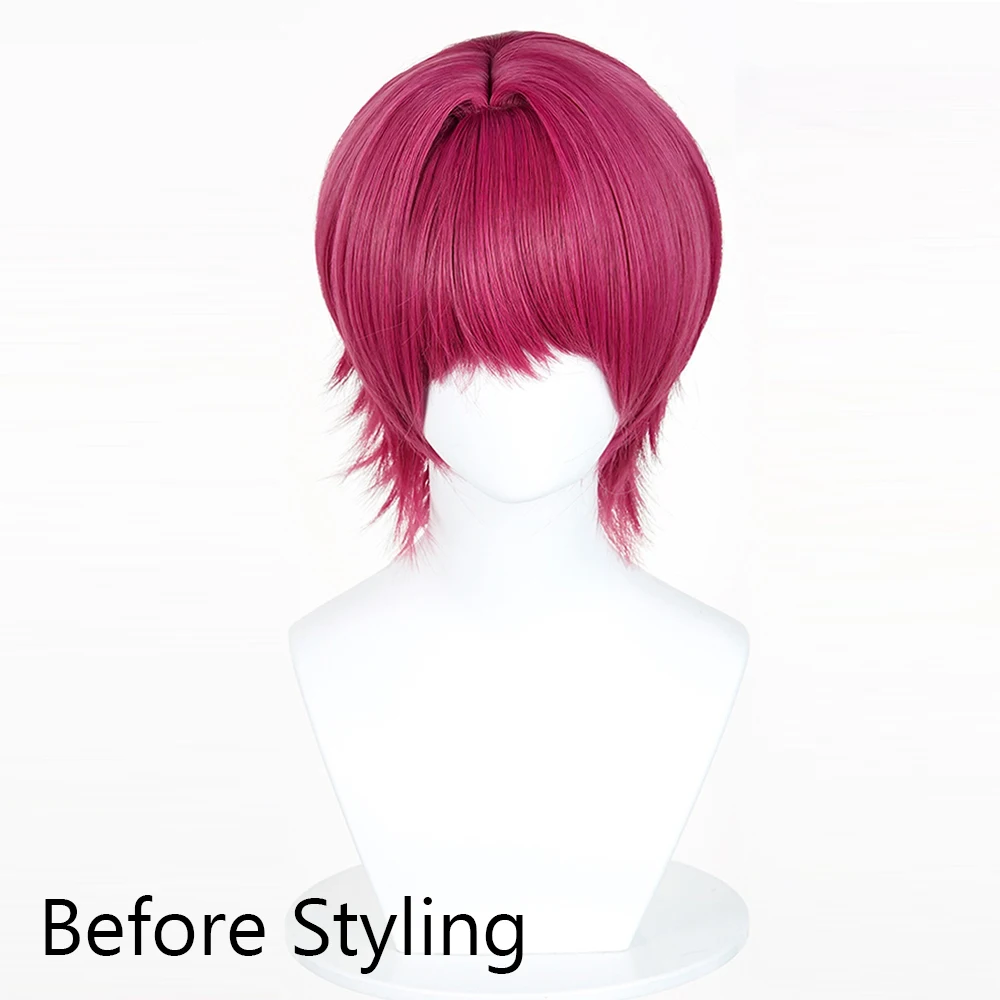 Picture 4: Rose Red Short Straight Synthetic Wigs with Bangs Anime Game Cosplay Fluffy Wig Heat Resistant for Daily Party