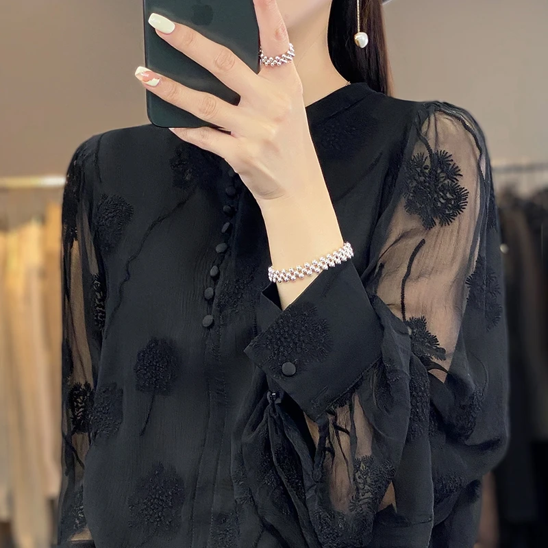 Primavera novedad de verano Sle mujer gasa irt ahueca hacia fuera bordado redondo Ne suelto ajuste Vintage chino Sle Me Top