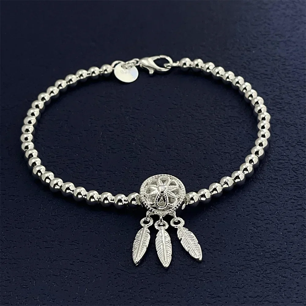

925 Sterling Silver Ball Feather Pendant Bracelet, Ladies Couple Simple Luxury Banquet Wedding Birthday Jewelry Gift