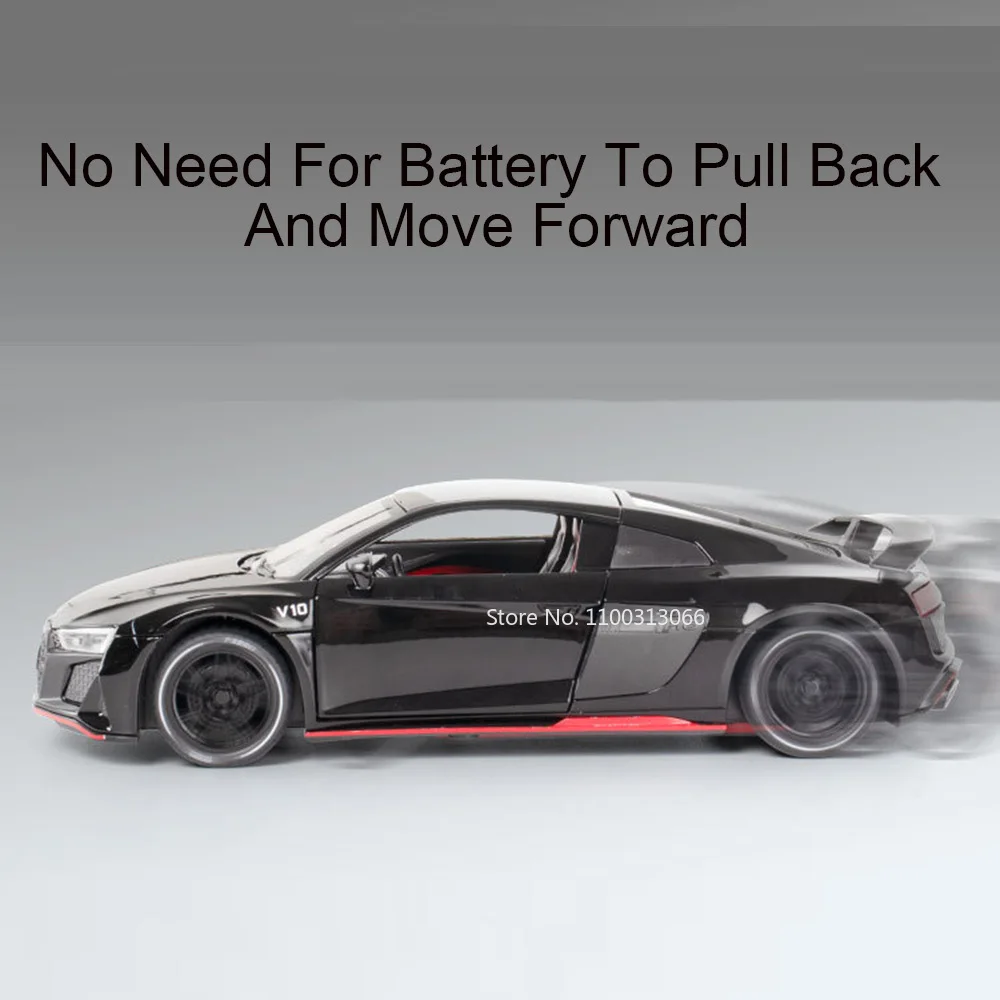 1:24 스케일 R8 V10 PLUS 자동차 모형 고무 타이어 스포츠카 다이캐스트 모델 휠 후진 자동차 수집용 장난감 어린이 선물