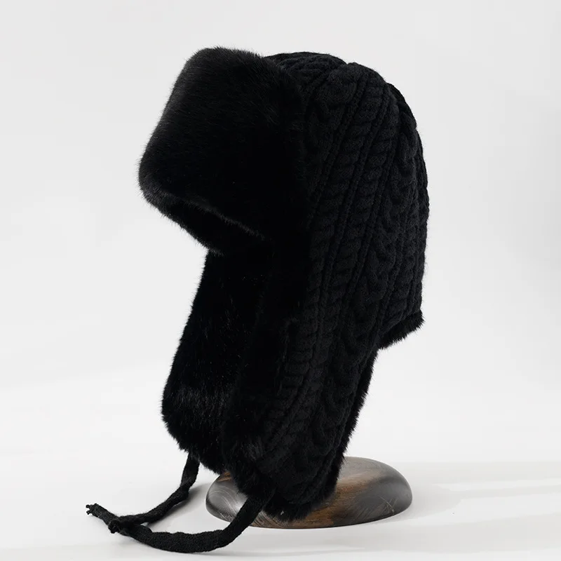 Sombrero de lana Feng para mujer, gorro de felpa multiusos, protección térmica engrosada, diseño de cordón, gorro Baotou frío, invierno, nuevo