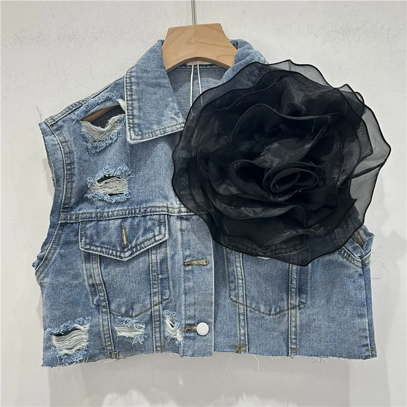 2024 Summer 3D Flowers Denim Jacket Vest Female Y2k Street Clothes Women's Single Breasted Pockets Hole Burr Edge Coat Trendy