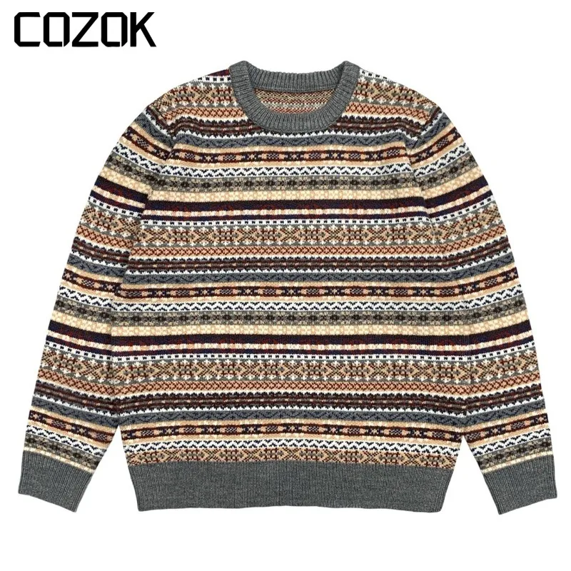 

Men's Fashion Patchwork Sweater Winter Vintage Knitted Pullover Harajuku Round Neck Loose Ethnic Style Unisex Japanese Clothes