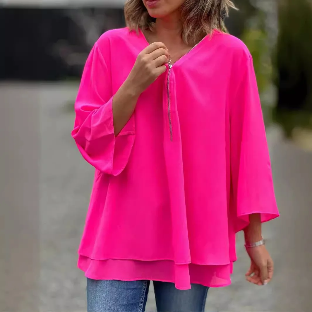 2024 White Blouse Summer Shirt Fashion Flared Sleeve Solid Blouse for Women Zipper V-Neck Loose Casual Tops T-Shirt Streetwear