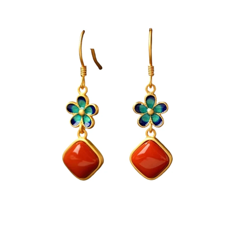 

925 Sterling Silver Flower Enamel Nanhong Agate Square Earrings Women's National Style New Chinese Versatile Earrings