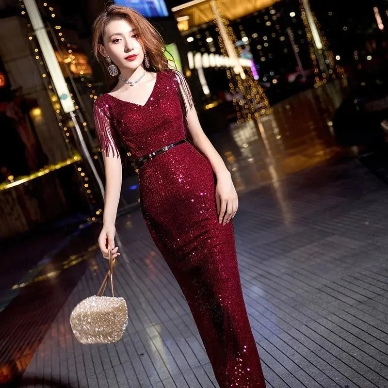 

Women Sequined Evening Dress V Neck Sleeveless Backless Sexy Robe Long Party Dresses Tassel Belt Vestidos De Verano Mujer 2022