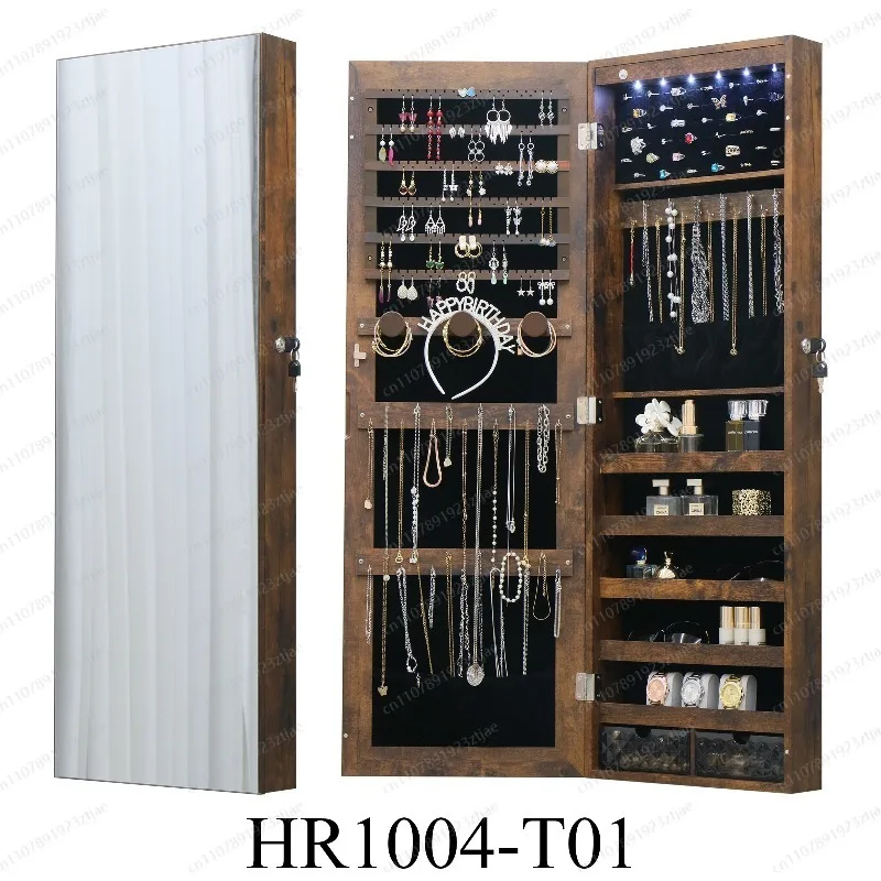 

Simple Wooden Jewelry Locker Full Body Floor Makeup Mirror Multifunctional Wardrobe