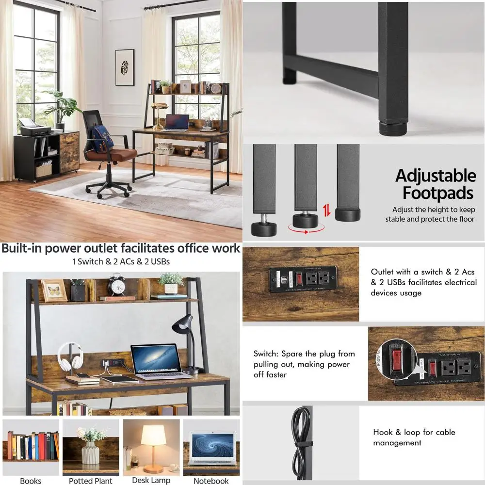 

Rustic Brown Large Home Office Desk with Power Outlets, 2 USB Ports, Hutch, and Bookshelf for Study and Gaming
