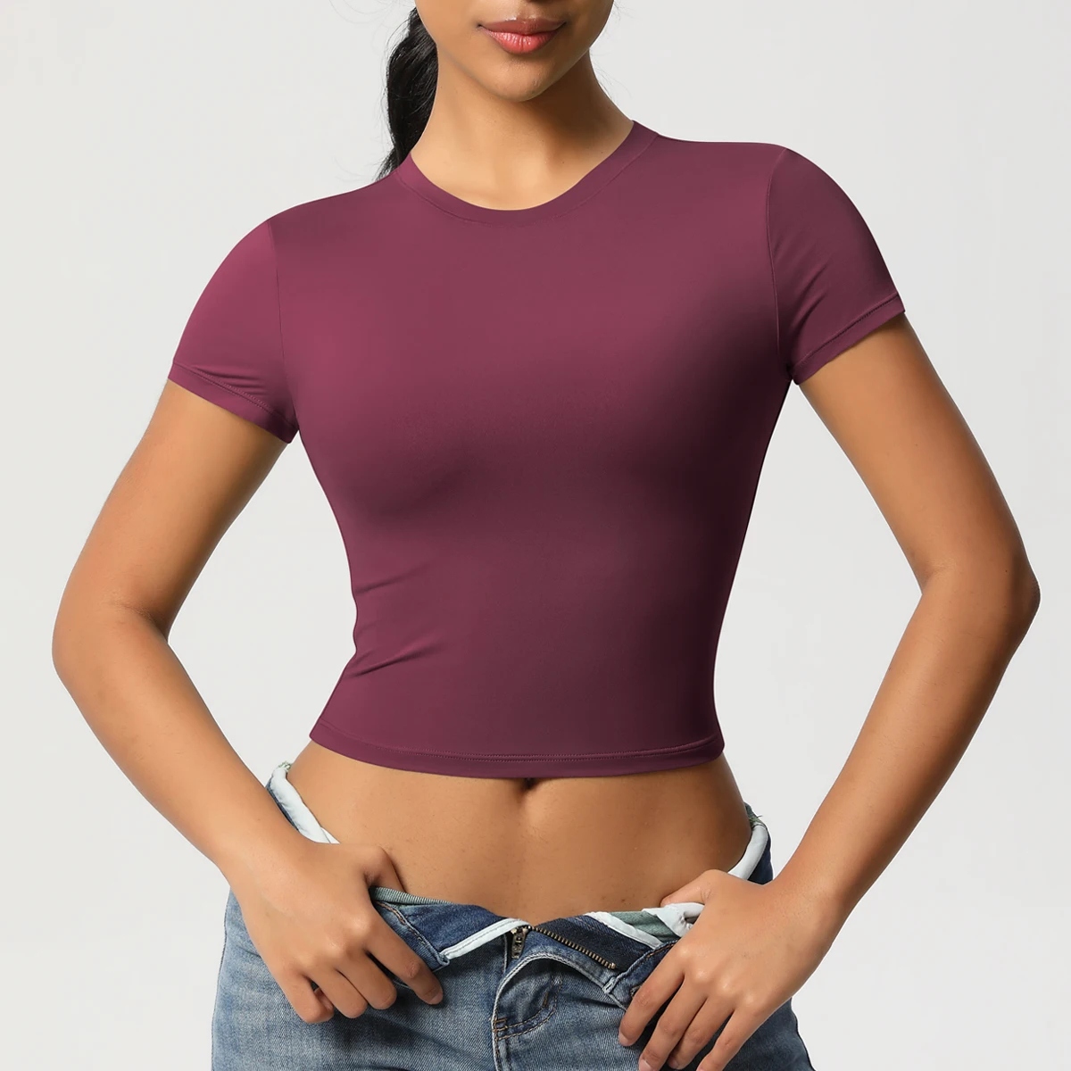 Frauen Sport Shirt Kurzarm Gym Top Workout Kleidung Hohe Elastische Active Wear Femme Lauf Zubehör Fitness T-shirt – Detail 24