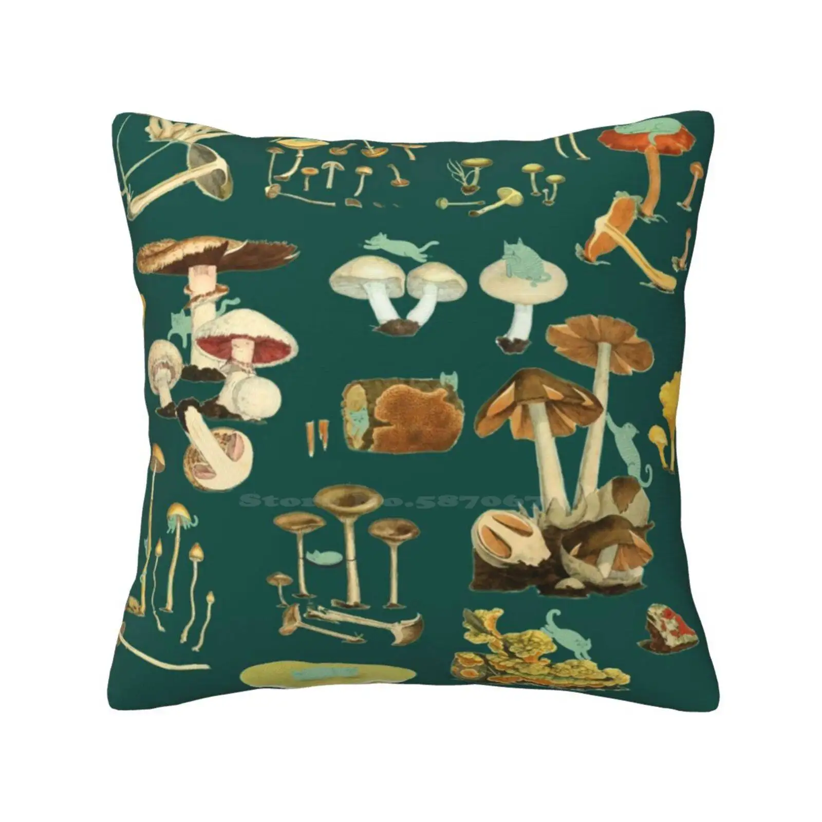 Feline Fungus! Throw Cushion Pillow Cover Cats Mushrooms Fun Cute Whimsical Fauna Nature Vintage Collage Nichole Lillian Ryan