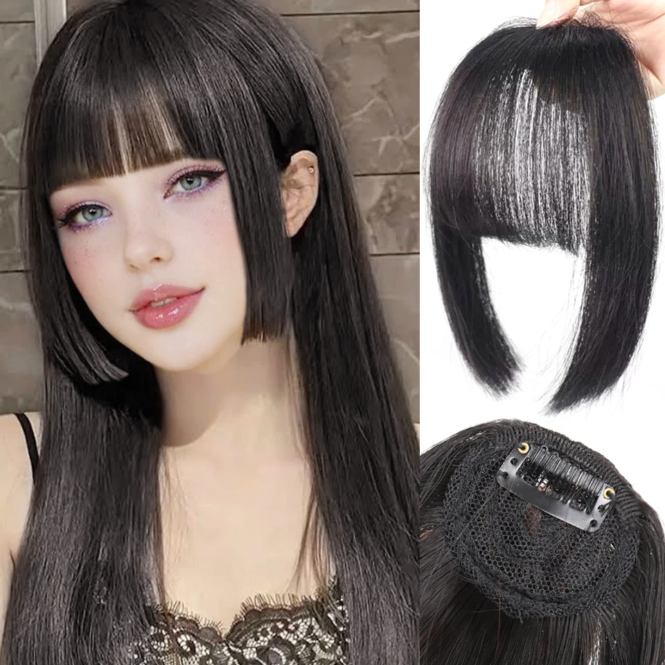 Flequillo sintético con clip, flequillo grueso para mujer, resistente al calor