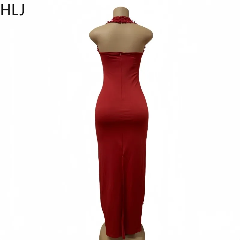 HLJ مثير اللؤلؤ حجر الراين المرقعة Bodycon فساتين طويلة امرأة الرسن عارية الذراعين الطباعة فساتين الإناث نادي الحفلات Vestidos