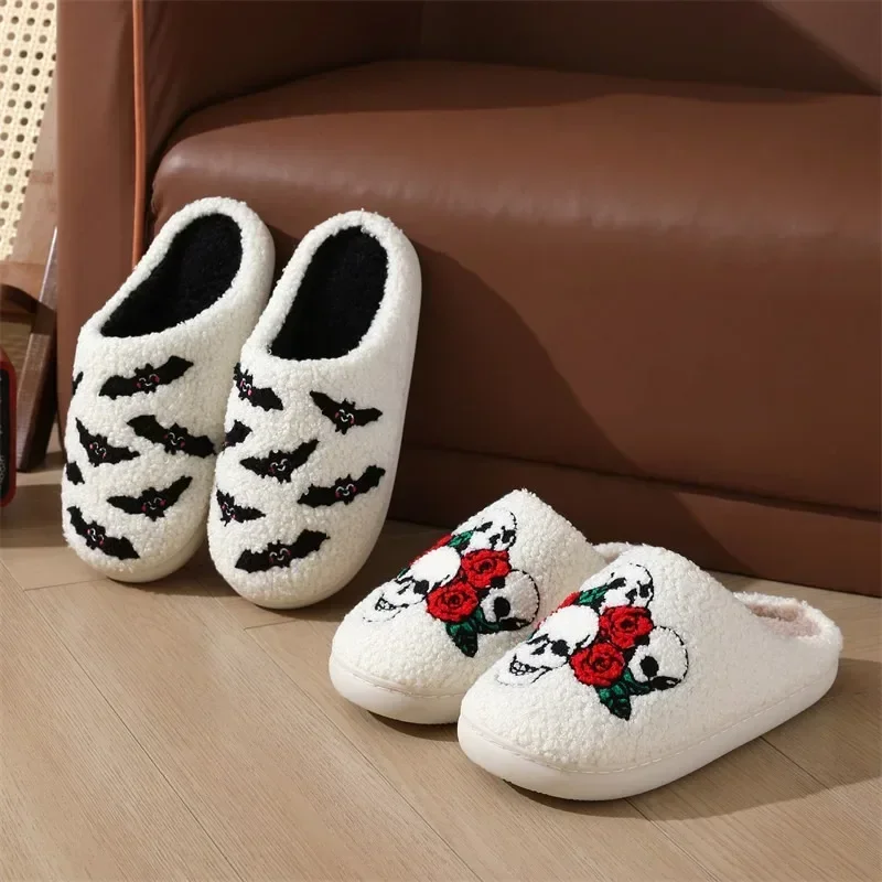 Halloween Cotton Slippers New Womens Non Slip Home Furnishings Indoor Warmth Cartoon Skull Rose Cotton Slippers Bat Holiday Gift