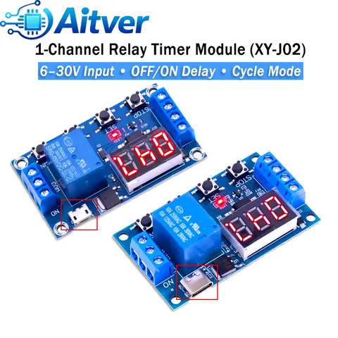 XY‑J02 1‑Channel Relay Timer Module 5V Trigger 6–30V Power Delay Switch Cycle Timer 0.1s–999min Adjustable ON/OFF Control