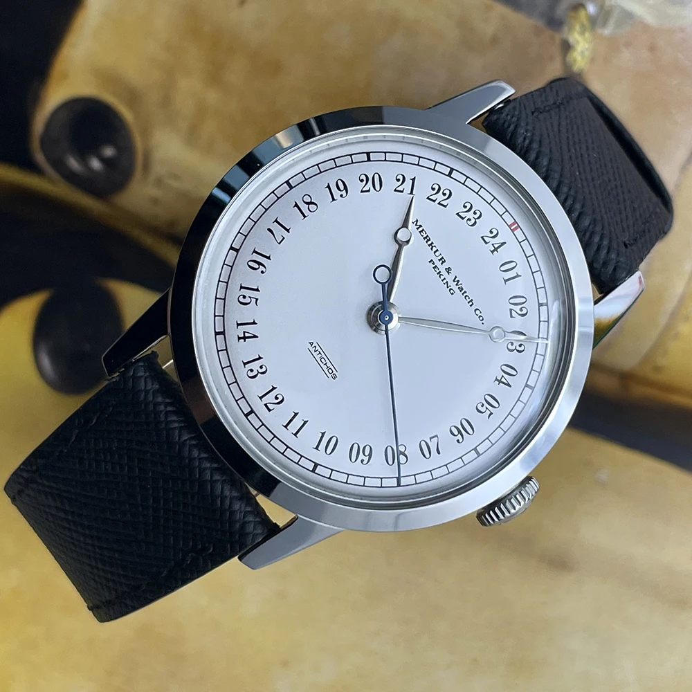 MERKUR ساعة مزدوجة بيضاء 24H حافظة أرق 50 متر ساعة غواص الجلد خمر ساعة ميكانيكية أوتوماتيكية 38 مللي متر Relogio Masculino