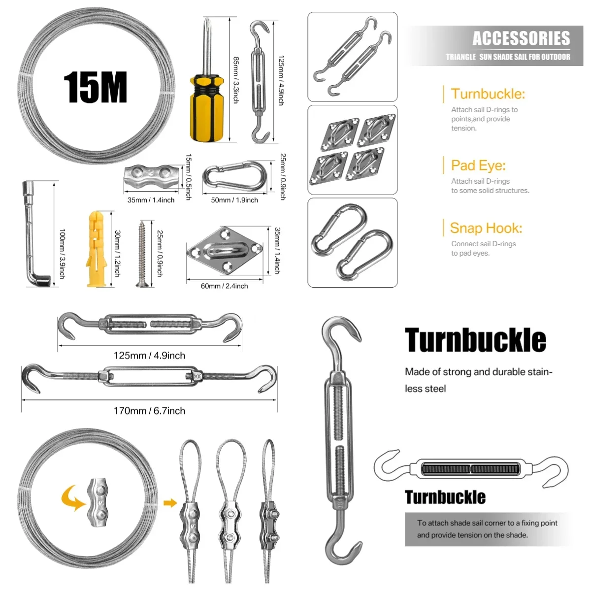 Shade Sail Wire Rope Kit 4/47/60/72Pcs Stainless Steel Hardware Kit Heavy Duty Anti-Rust Shelter Hardware Kit Set Tent Accessori