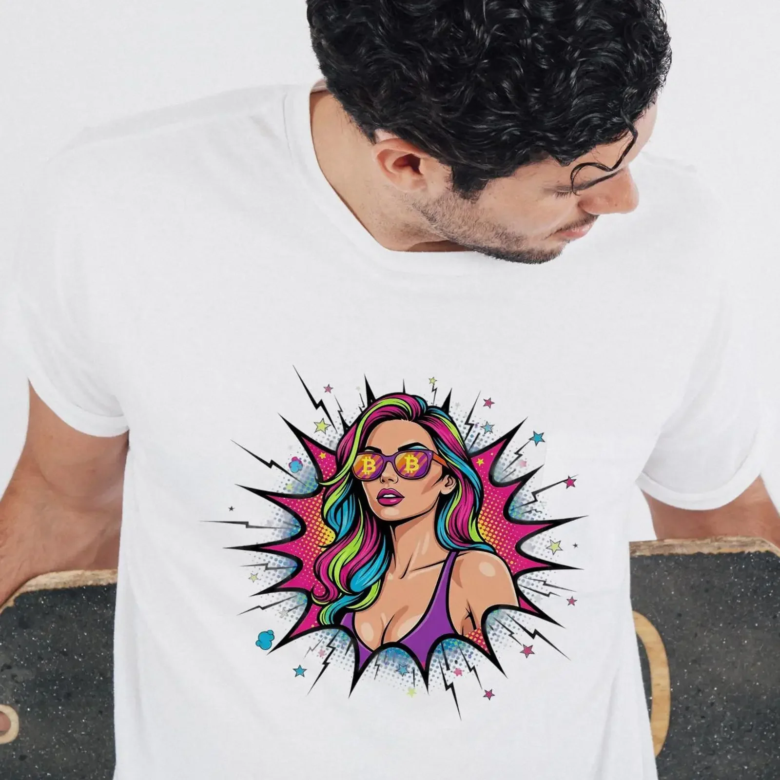 Crypto Girl Pop Art T shirt Vibrant Bitcoin Women's Design Geek Trader Idea vintage Washed Soft Comfortable Versatile