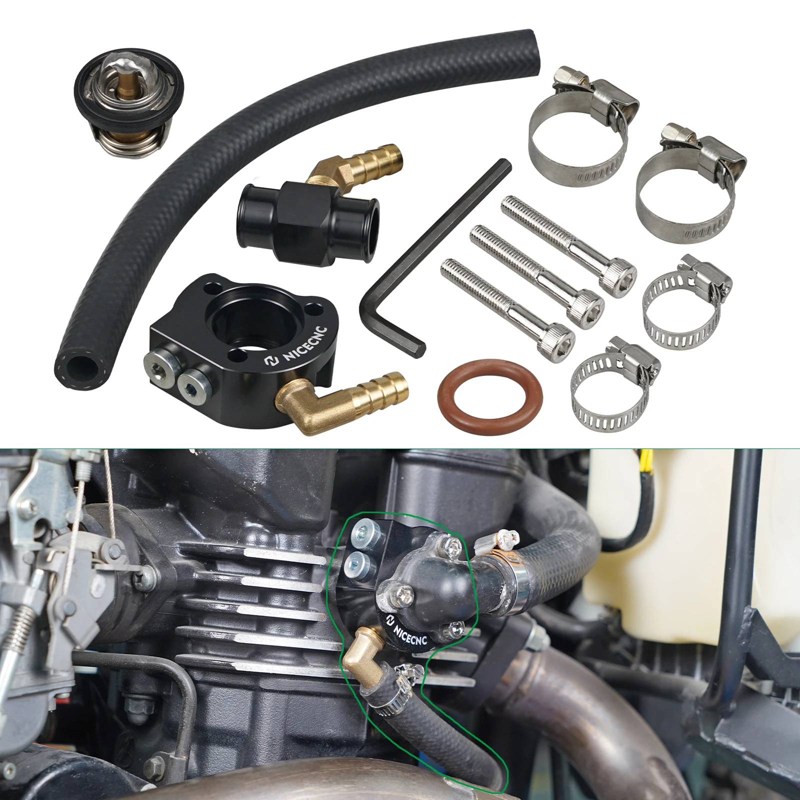 

For 1987-2024 2023 Kawasaki KLR650 Thermostat Kit Cooling System Modification Kit Thermostat Bypass Hose O-ring Clamps Bolts Set