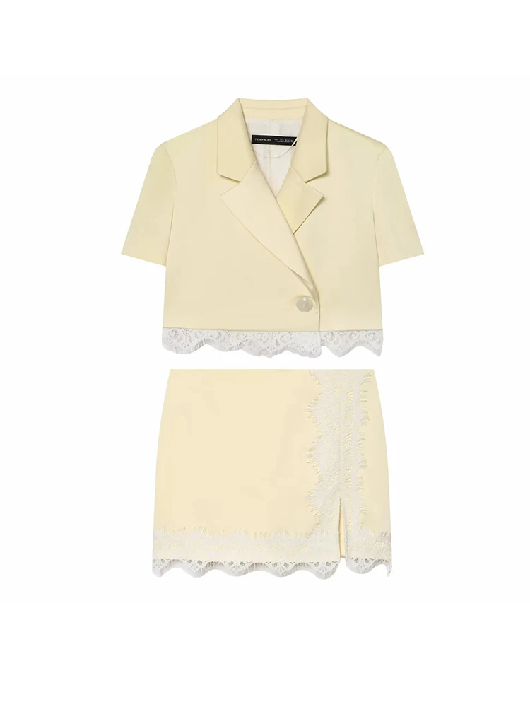 Women Casual Lace Patchwork Suit Elegant Short Women Blazer And Splicing Skirt Sets Fashion Summer Lady Suit