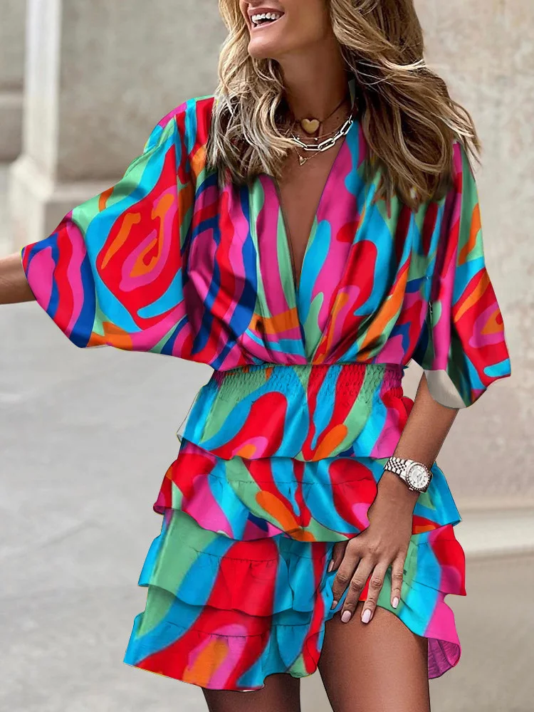 

Summer Elegant Office Lady Dress Sexy V-neck Half Sleeve High Waist Ruffles Boho Print Mini Dresses For Women 2024 Robe Femme