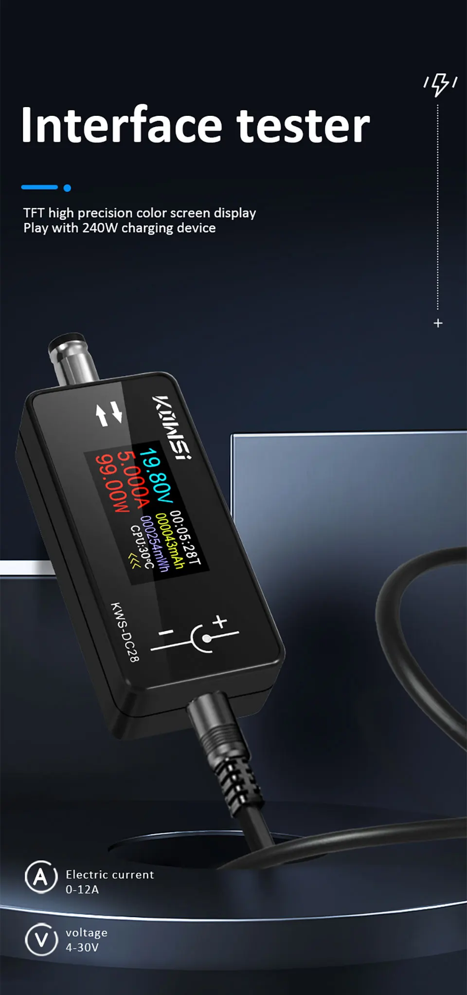 KWS-DC28 Schnittstellentester, 4–30 V, 12 A, Spannung, Stromtester, digitales Voltmeter, Amperemeter, 0,96 Zoll TFT-Farbbildschirm, Leistungsmesser – Detail 1