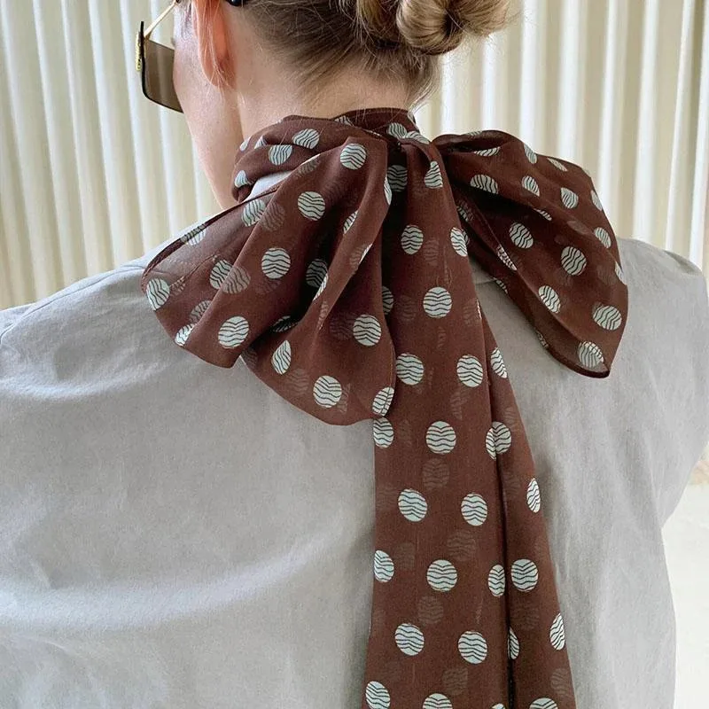 

2026 Ins Style Brown Chiffon Polka Dot Long Silk Scarf Multifunctional Women's Neck Headband Tie Hair Towel Accessory