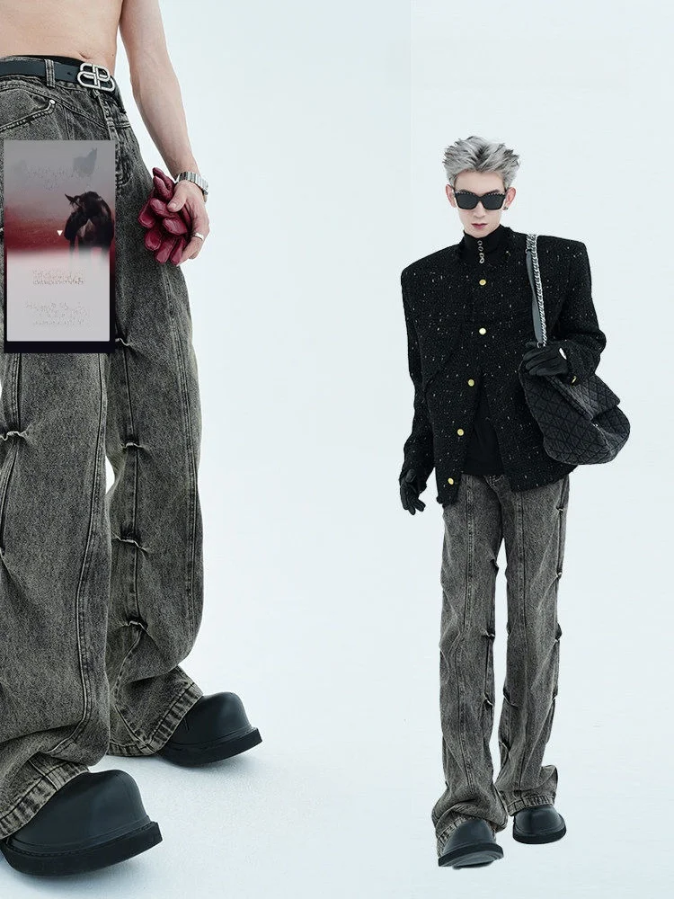 

Retro American Denim Jeans Men's Spring Autumn Sle Boys Wasteland Folded Design Sense Pants Leg Lengthening Flared Pants