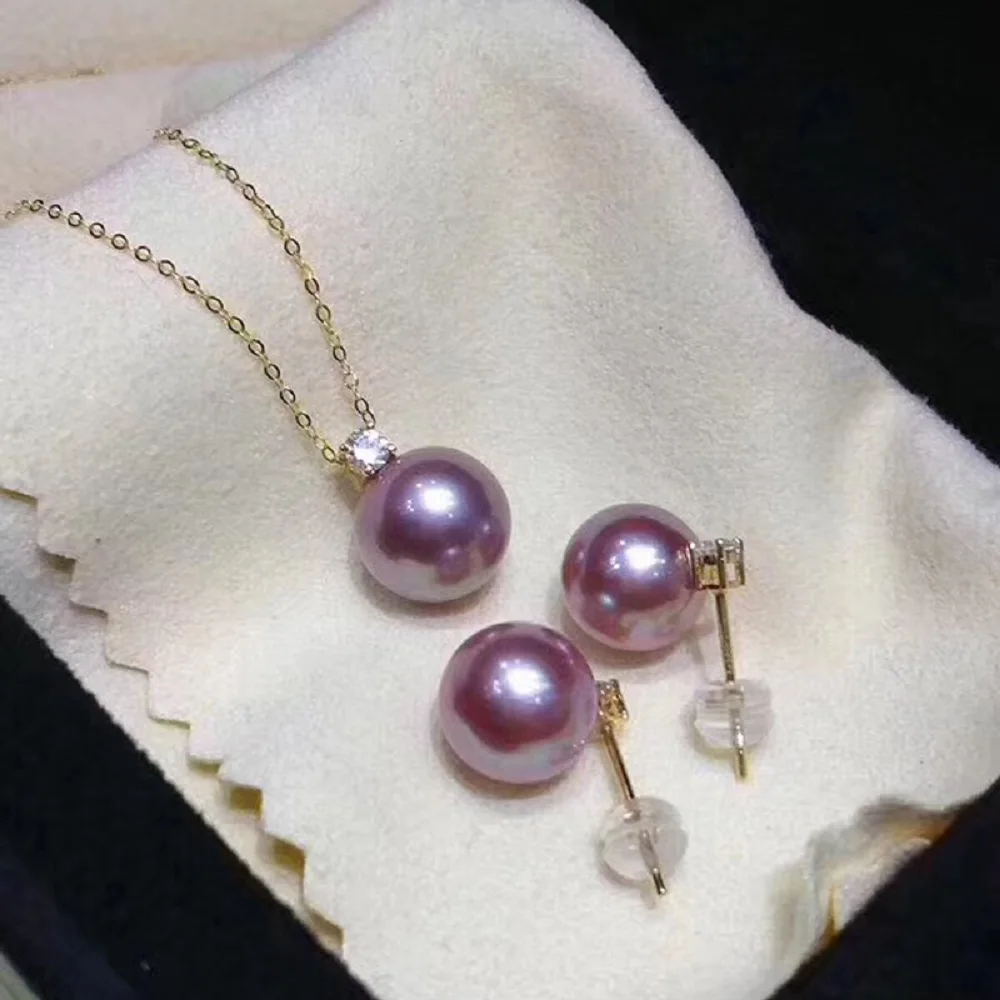 

Natural Pearl AAAA9-10mm South Sea Pearl Pendant Earnail Necklace Clavicle Chain Set 925s'18in