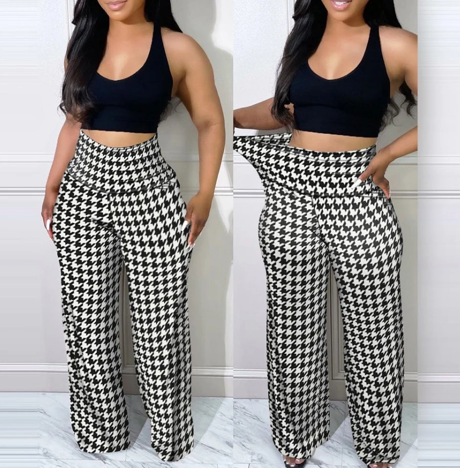 

Women's Suit Set 2024 Summer Casual U-neck Sleeveless Vest Crop Tops and Houndstooth Print High Waist Wide Leg Pants Set