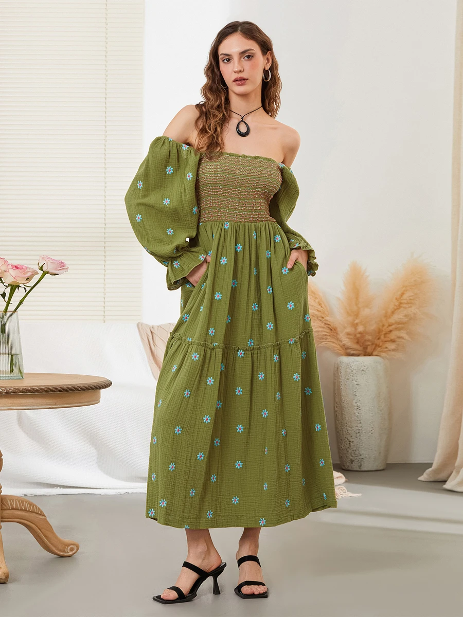 

Women Vintage Flower Embroidered Long Dress Square Neck Lantern Sleeve Tiered Flowy Dress Party Beach Daily Streetwear