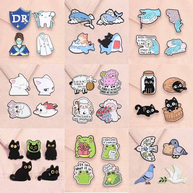 2-5pcs/set Cute Cat Animal Enamel Pins Cartoon Frog Halloween Ghost Inspirational Quotes Brooches Christian Faith Badge Gifts