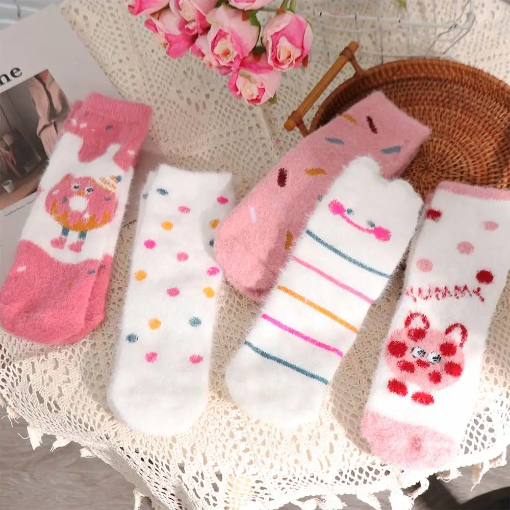 5Pairs Kawaii Cartoon Mink Fur Socks Stripe Dot Sleeping Socks Women Sweet Hosiery Plush Socks Fall Winter