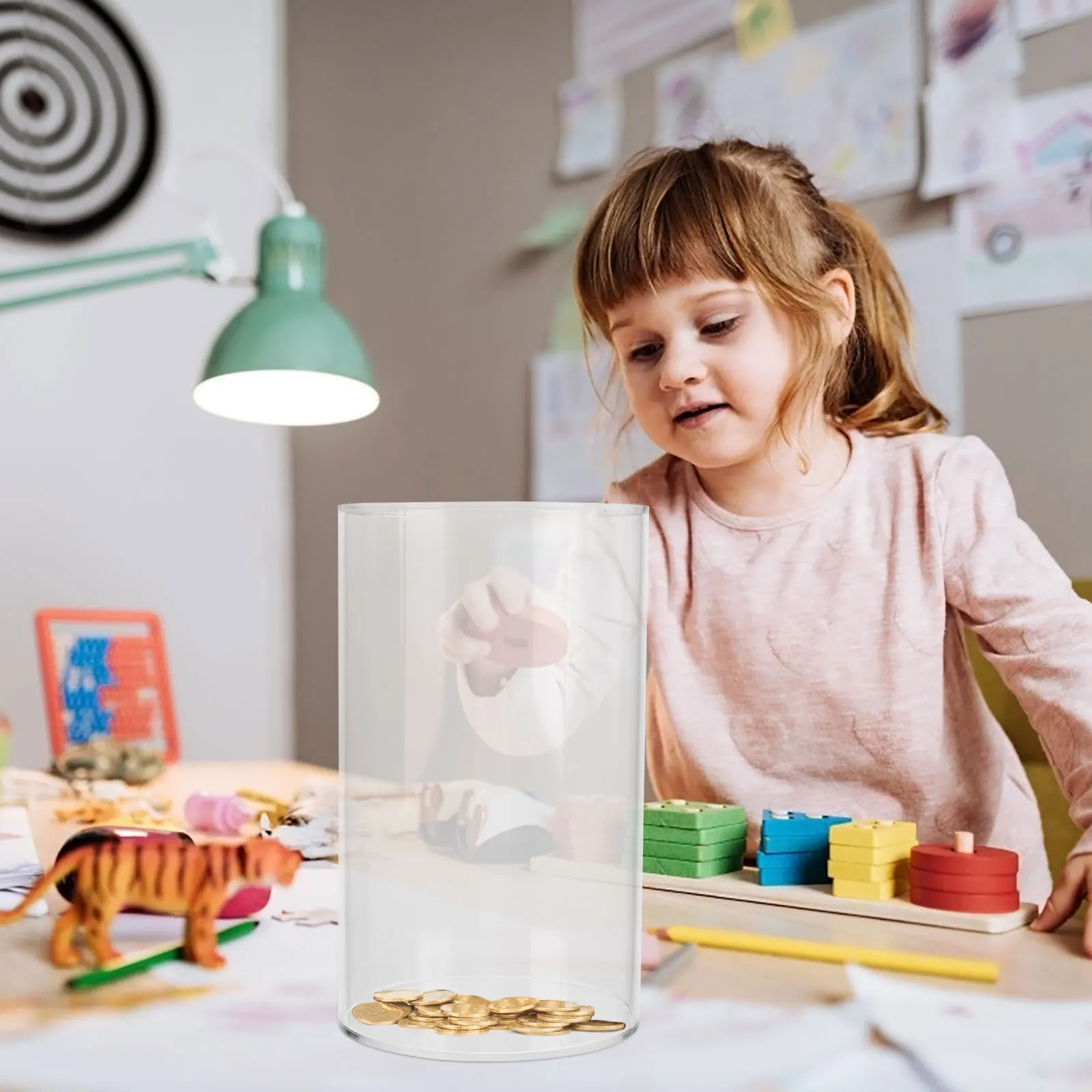 

Transparent Coin Bank Cylinder-Shaped Kids Money Saving Box Durable Desktop Piggy Bank For Children Room Decoration