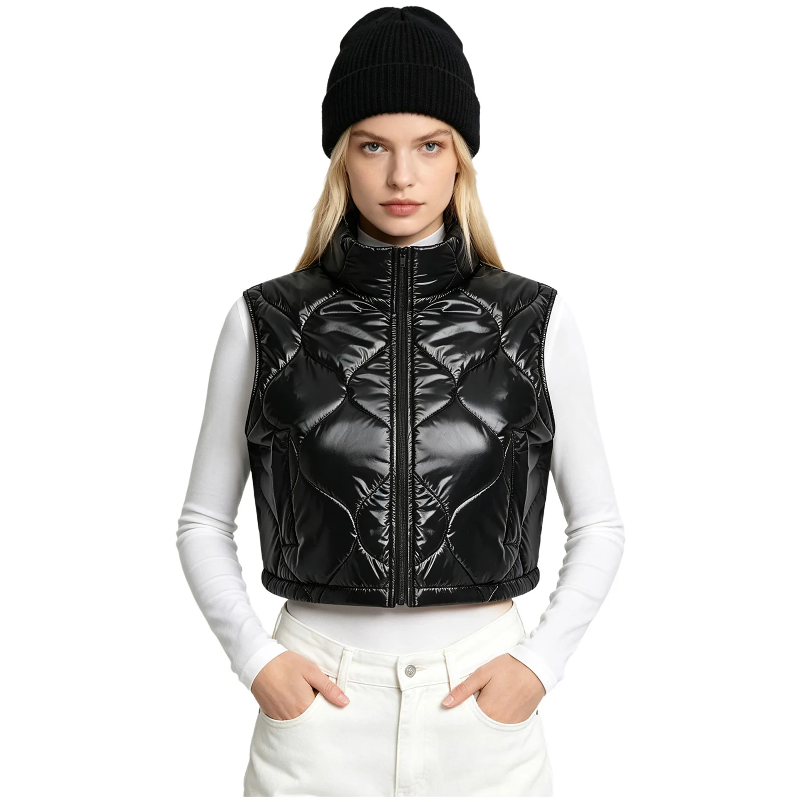 Women Quilted Puffer Crop Vest Stand Collar Zip-up Tank Top Warm Padded Waistcoat for Winter Skiing Cycling Hiking Daily Wear