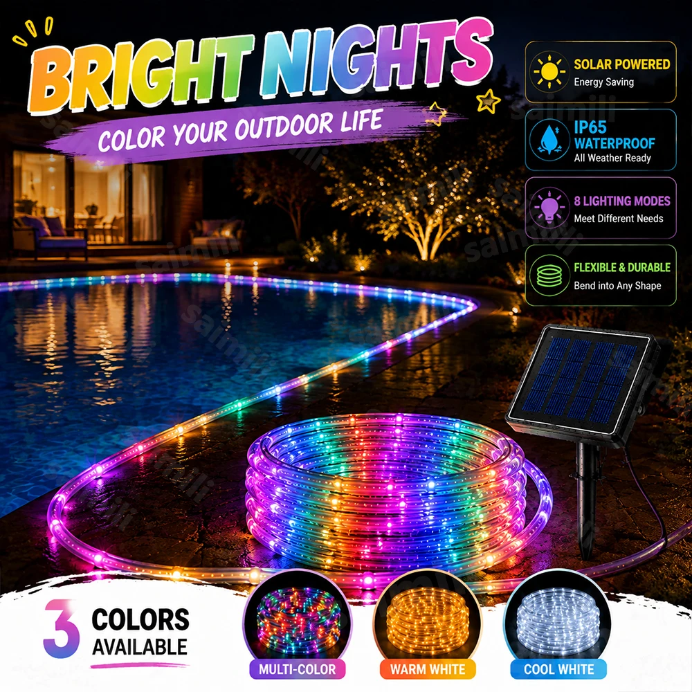 Durable Solar Rope Tube LED String Lights 8 Modes IP65 Waterproof Outdoor for Garden Tree Lawn Patio Wedding Home Decor