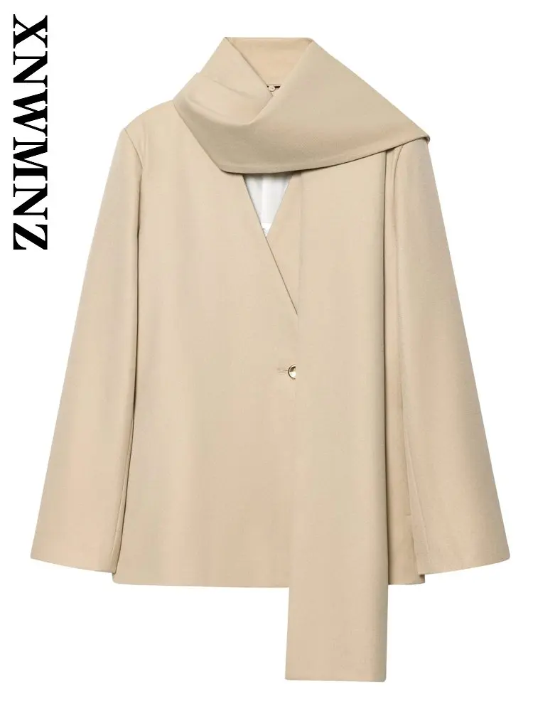 

XNWMNZ 2026 Spring Woman's Versatile Chic Long Sleeve Scarf Collar Suit Coat Party Casual Lady khaki Simple Loose Fit Blazer