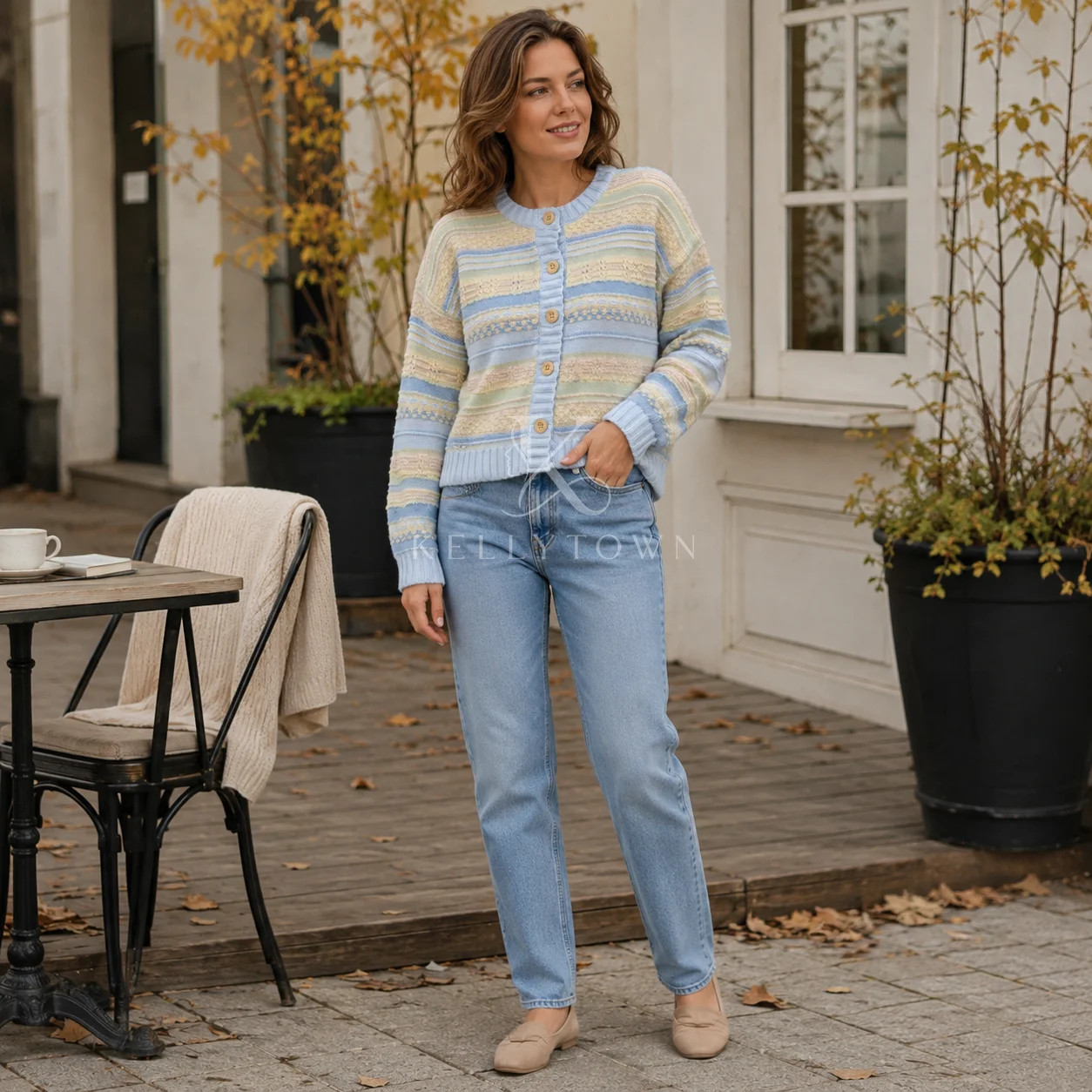 Street Fashion Striped Knit Cardigan Women Crewneck Button Front Coat Color Block Long Sleeve Textured Sweater Casual Outerwear