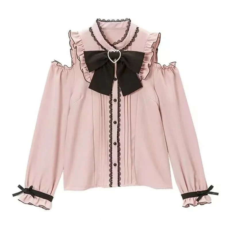 

GIDYQ French Sweet Cute Off Shoulder Shirts Women Vintage Lace Patchwork Bow Blouse Lolita Kawaii Long Sleeve Tops Spring Autumn