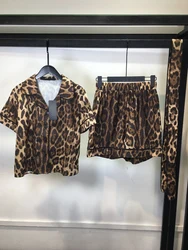 2024 summer new Leopard print lace-up waist short-sleeved shirt+elastic waist shorts casual women's two-piece suit