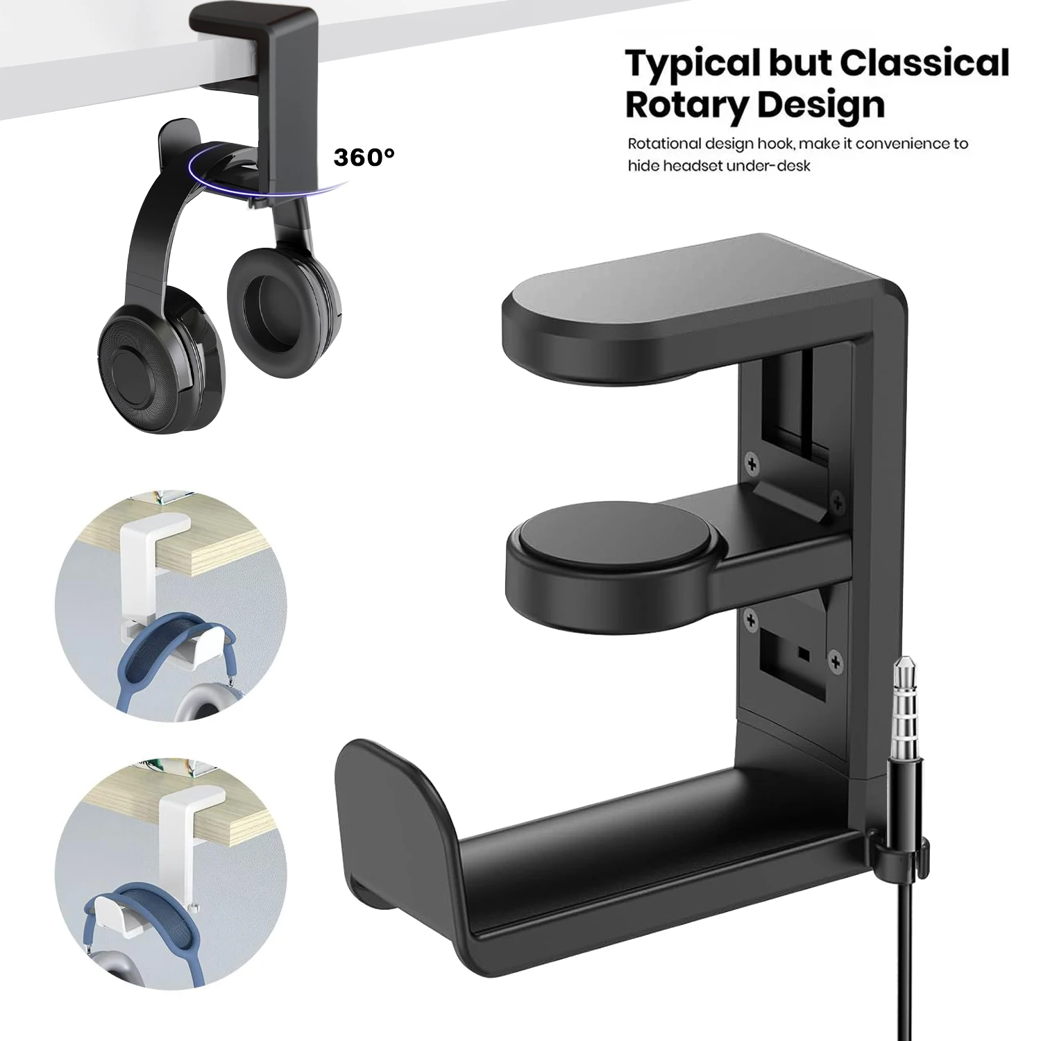 PC Headphone Stand - No-Drill Table Clip Hook with 360° Rotation - Multi-Purpose Storage Holder for Hanging Headphones