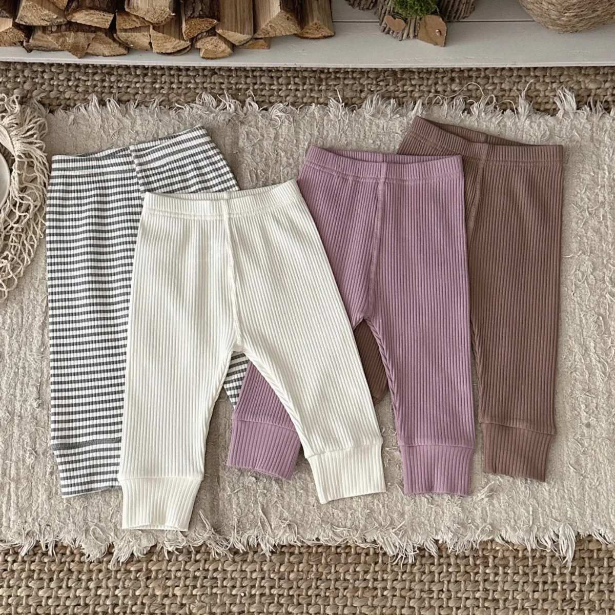 Infant Girls 4Pcs Ribbed Leggings Set Toddler Solid Striped Soft Elastic Autumn Casual Pants
