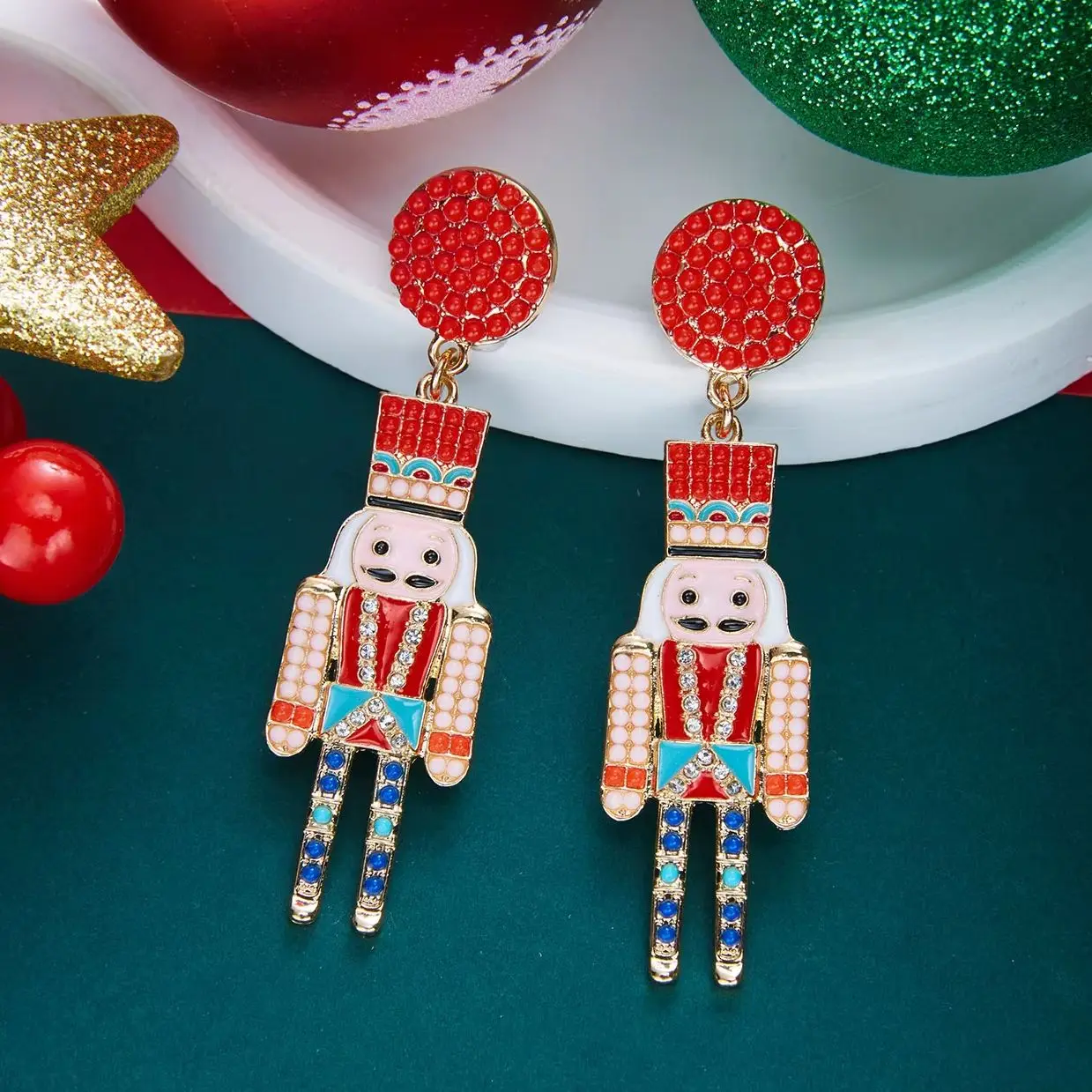Imitation Pearls Nutcracker Soldier Pendant Earrings for Women Christmas Cartoon Character Dangle Earring New Year Party Jewelry