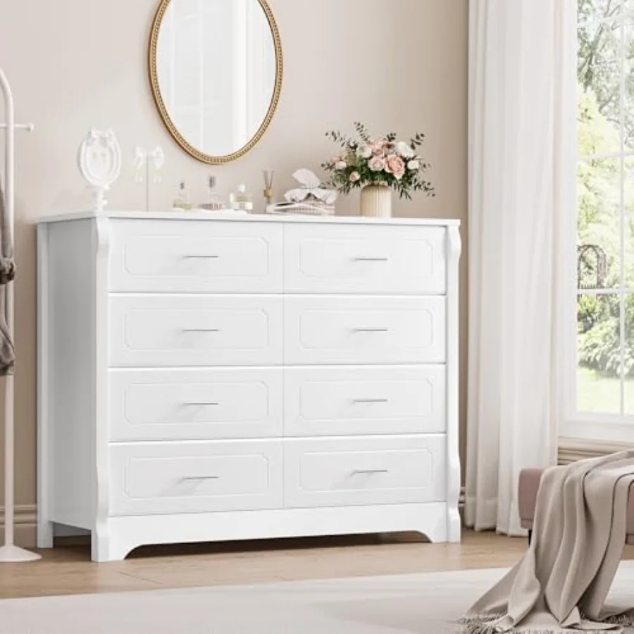 Lemari Laci Putih 8 Laci untuk Kamar Tidur 47 Lemari Kayu Modern dengan Laci Ganda dan Pegangan Logam