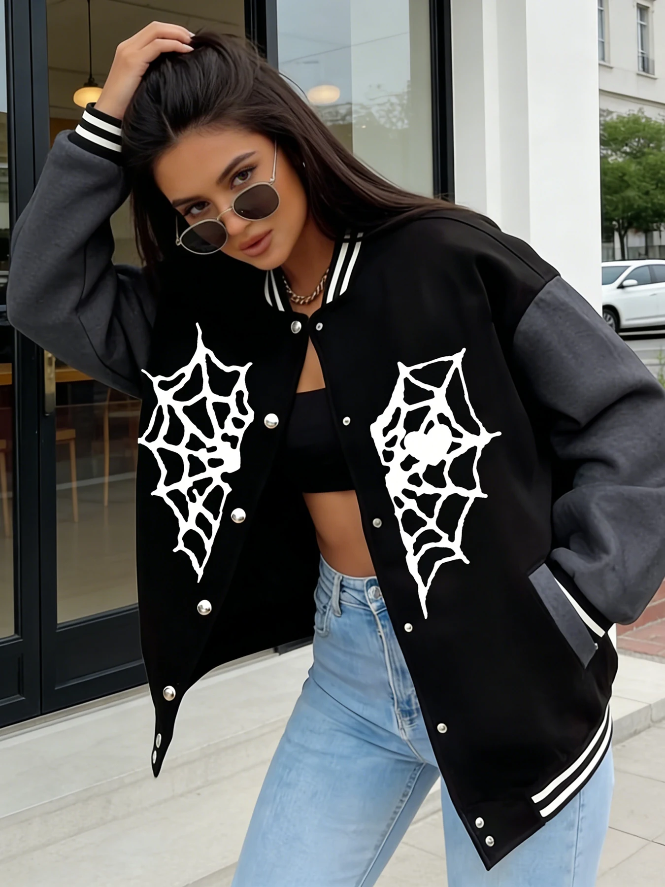 Oversized Varsity Jacket Women White Spider Web Print Casual Fashion Baseball Coat Street Style Outerwear Warm Freece Clothing