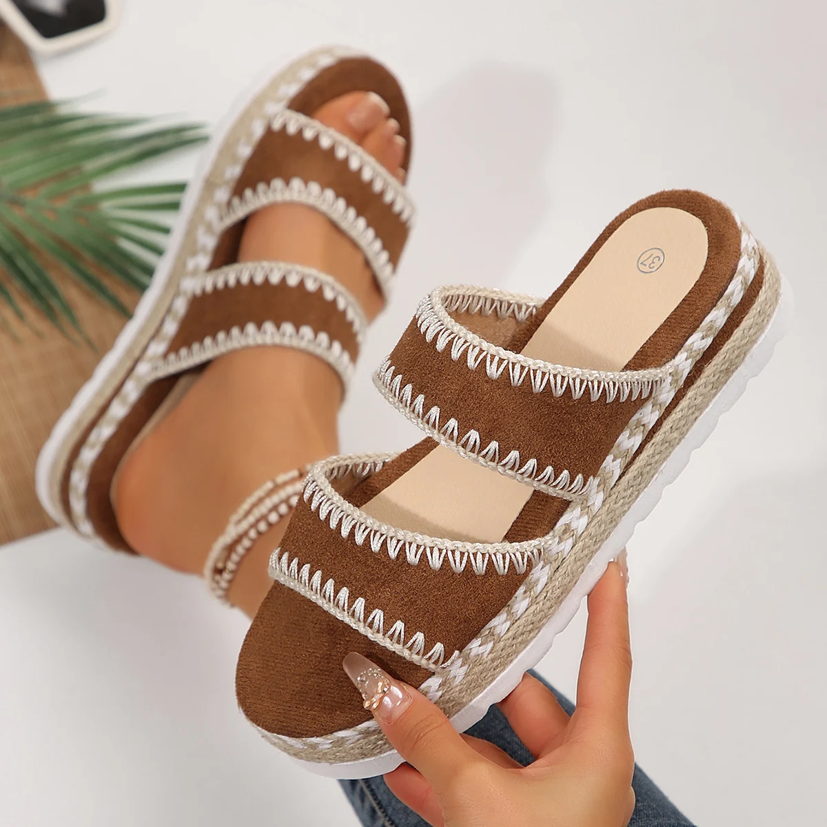 

Weave Women Slippers Platform Summer Shoes for Women Beach Casual Heeled Sandals Bohemian Handmade Ladies Slippers Slides Women