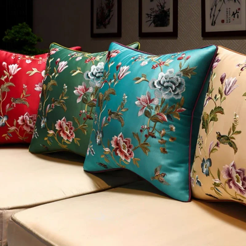 Chinese Flora Bird Pillows Red Blue Yellow Cushion Case Luxury Retro Decorative Pillow Cover For Sofa Chair Home Decorations