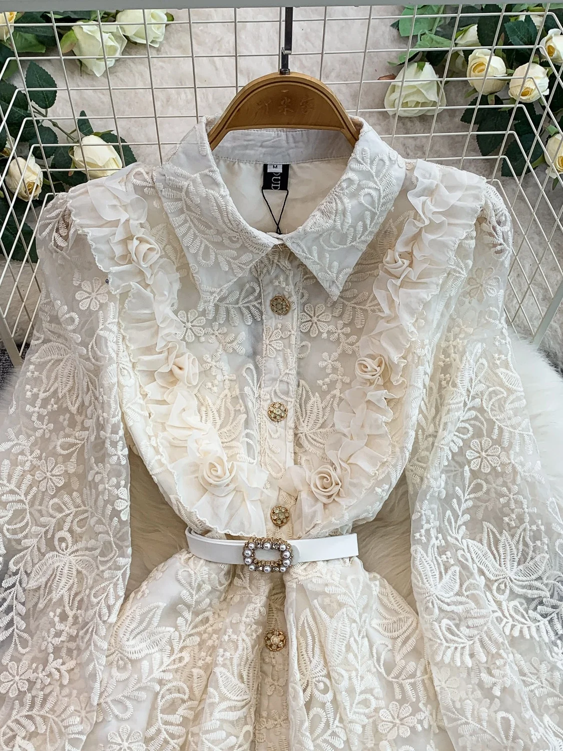 Ele High-End Embroidered Floral Lace Collar Long Dr Women's Spring Autumn Buttoned Waist Cinching A-Line Skirt