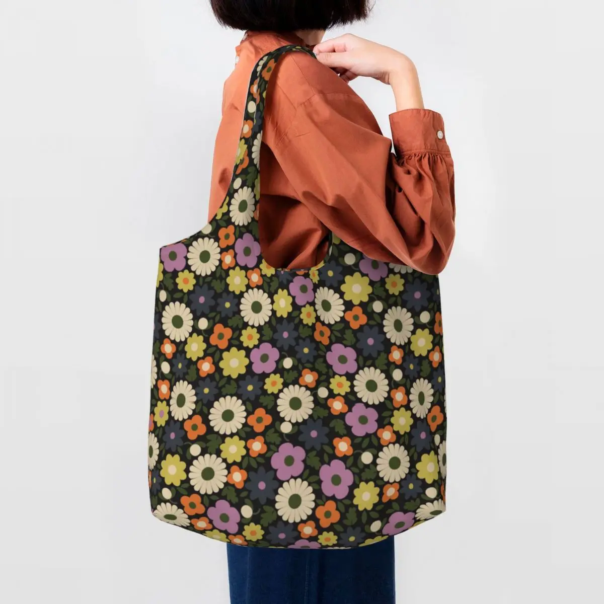 Orla Kiely Wild Flower Meadows Print Grocery Shopping Bag Canvas Shopper Tote Shoulder Bags Large Capacity Portable Handbag